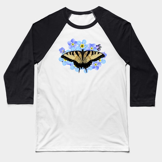 Swallowtail Butterfly On Blue Flowers Baseball T-Shirt by PhotoArts